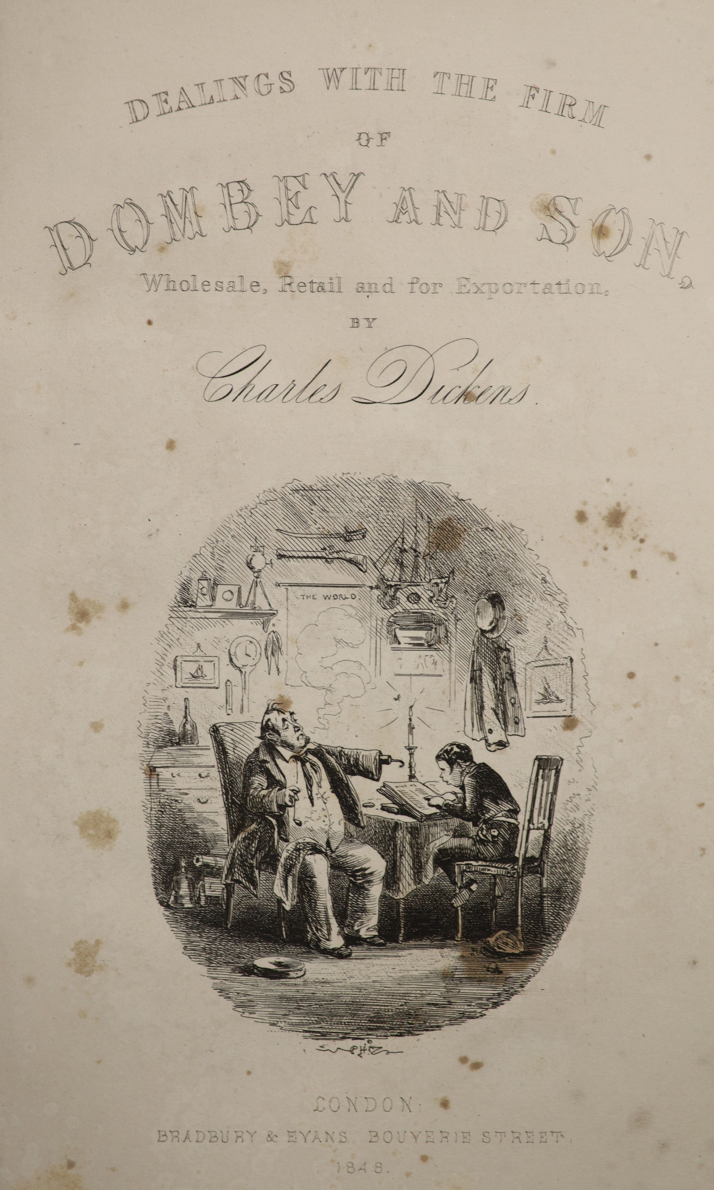Dickens, Charles. Five Novels - first / early editions, viz, Bleak House, Dombey and Son, Nicholas Nickleby, Our Mutual Friend, Pickwick Papers, half leather bindings (Dombey binder's cloth), most plates present (but sta
